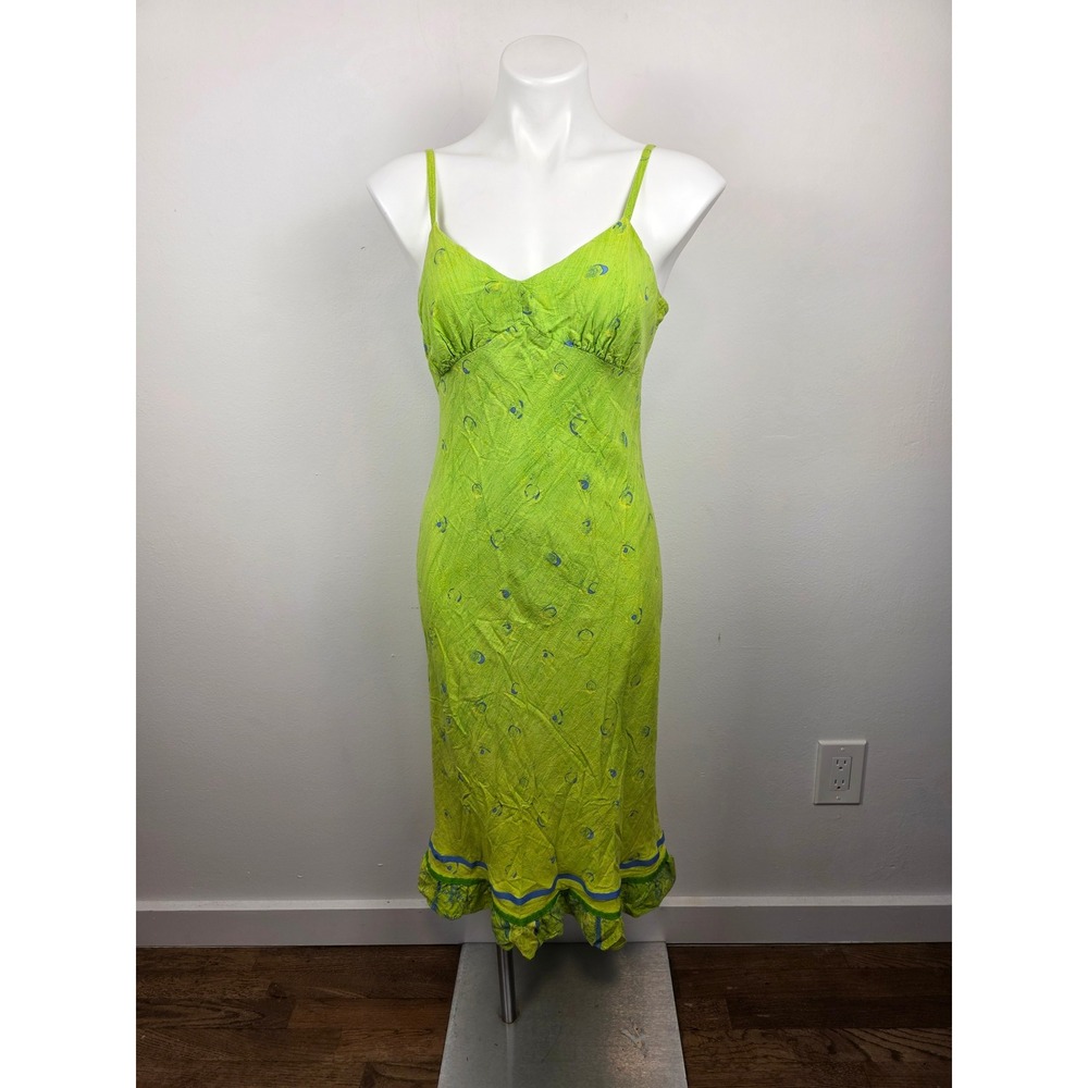 Jams World Green Thumb Rayon Midi Dress Womens Medium Lime Green Ruffle Hem W385
